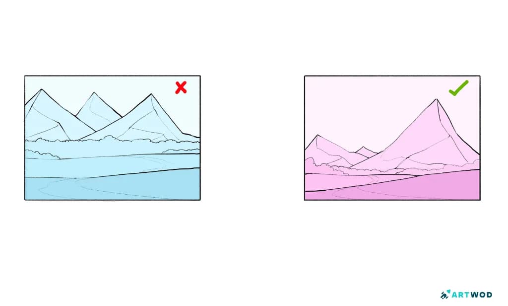  Un exemple sur la façon de structurer ta composition : ne pas utiliser la même taille pour tout (ex.1), utiliser des tailles différentes et des chevauchements (ex.2) pour rendre le décor plus organique