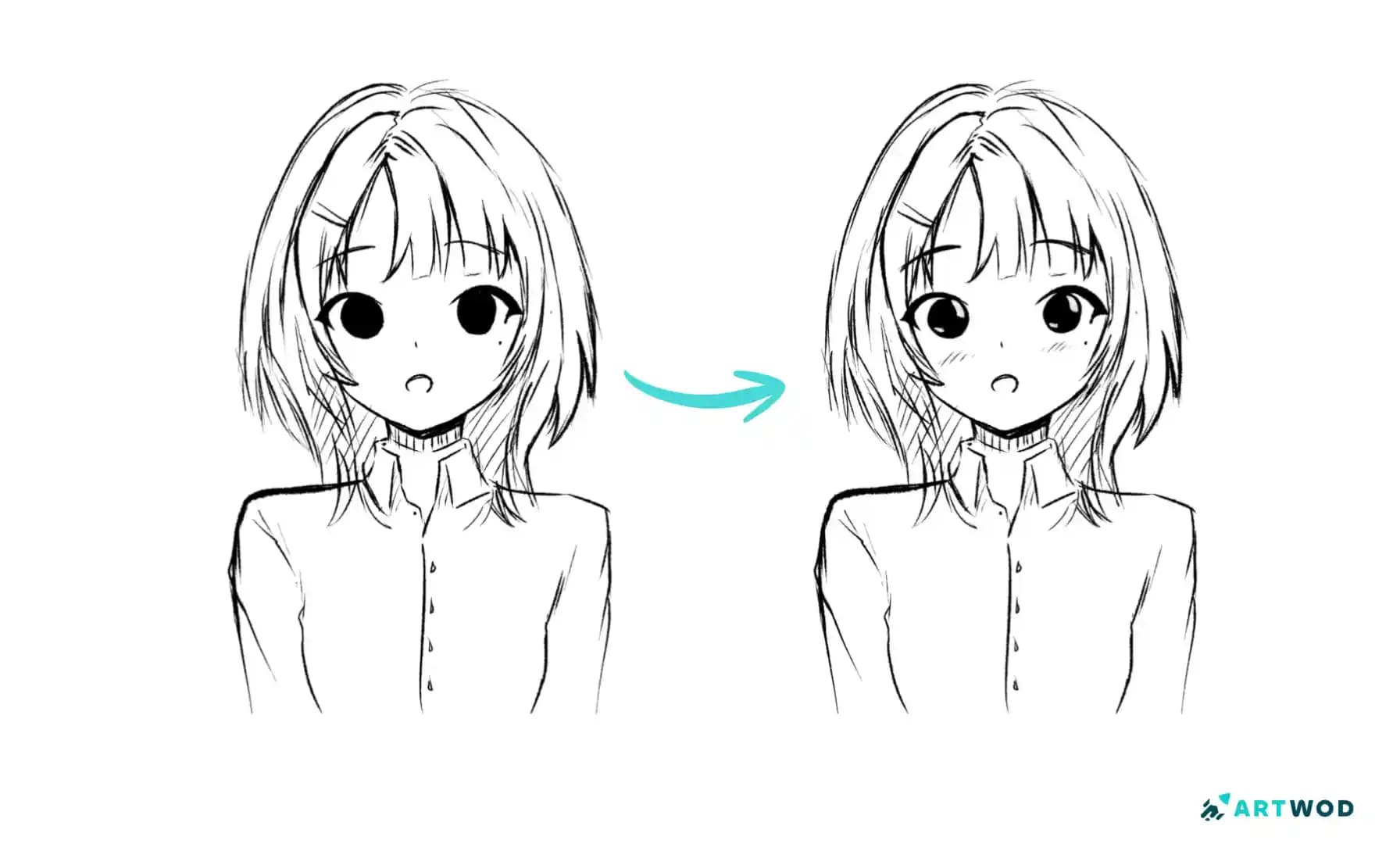 Surprised anime face drawing showing a character with large eyes, short hair, and a small open mouth