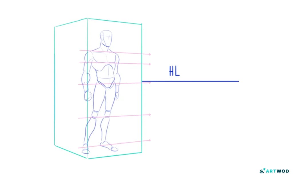 Digital 2d drawing - male figure inside the box, perspective lines established and highlighted. Horizontal line established. The Artwod figure drawing method.