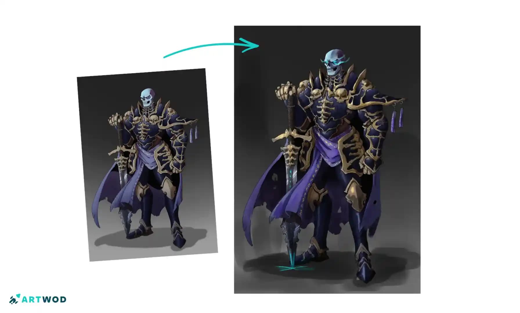 Chevalier squelette inspiré de Darksiders, avec un rendu sombre de style bande dessinée, une armure et une épée
