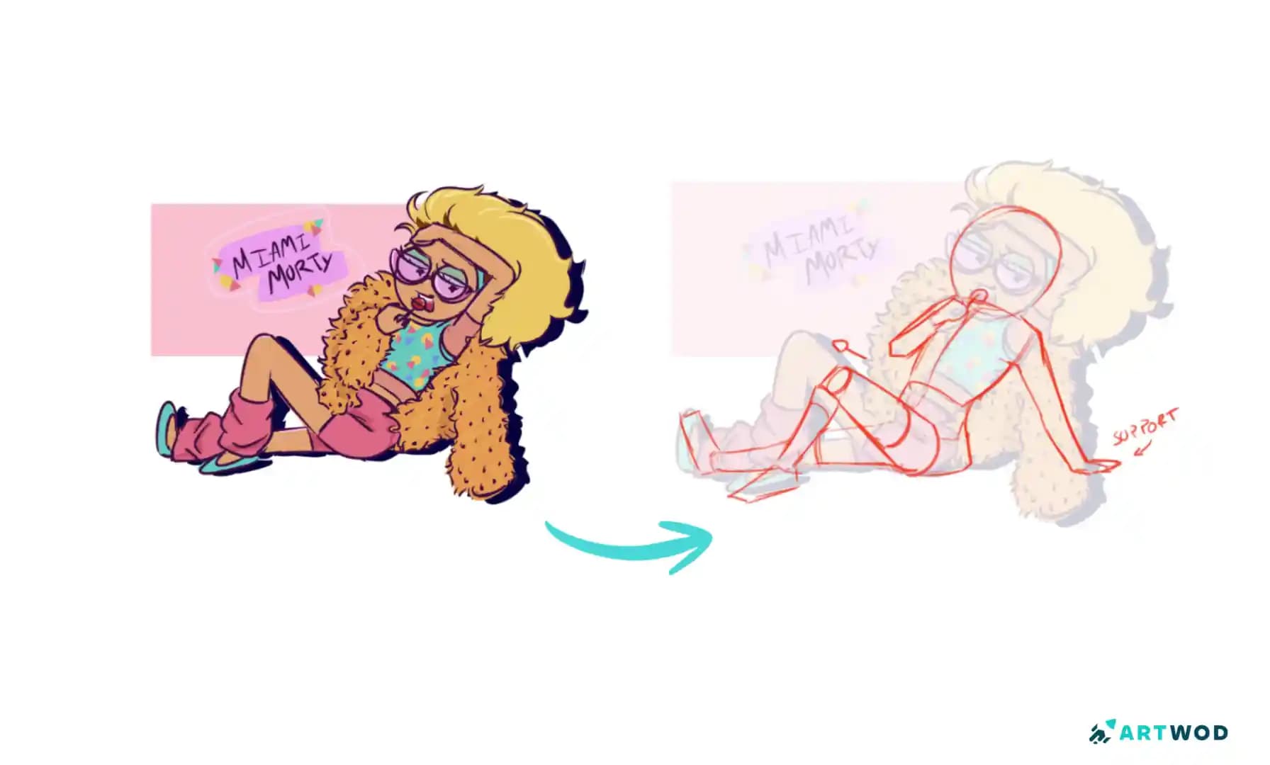 Cartoon pose drawing of Miami Morty reclining in a colorful seated pose