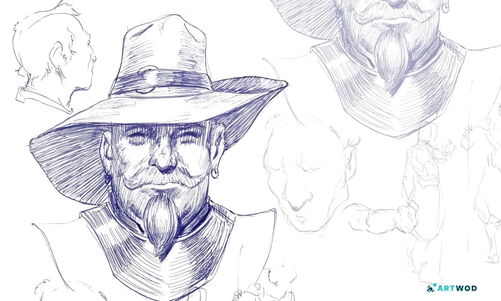 Traditionelle Zeichnung von Antonio Stappaerts, Mann mit Hut. Mit blauem Stift gezeichnet. 