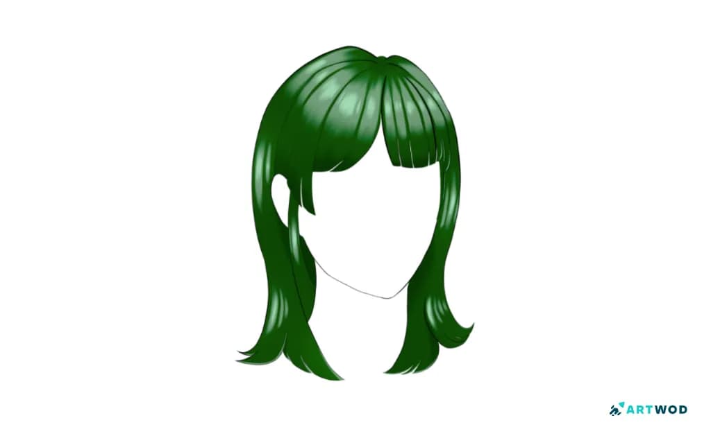 Colored green anime bangs drawing with long side sections, rounded hair masses, and bright highlights