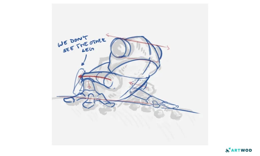 Retour dessiné par-dessus le croquis d'une grenouille. Le retour artistique indique des problèmes de construction. « On ne voit pas l'autre jambe » dit la critique.