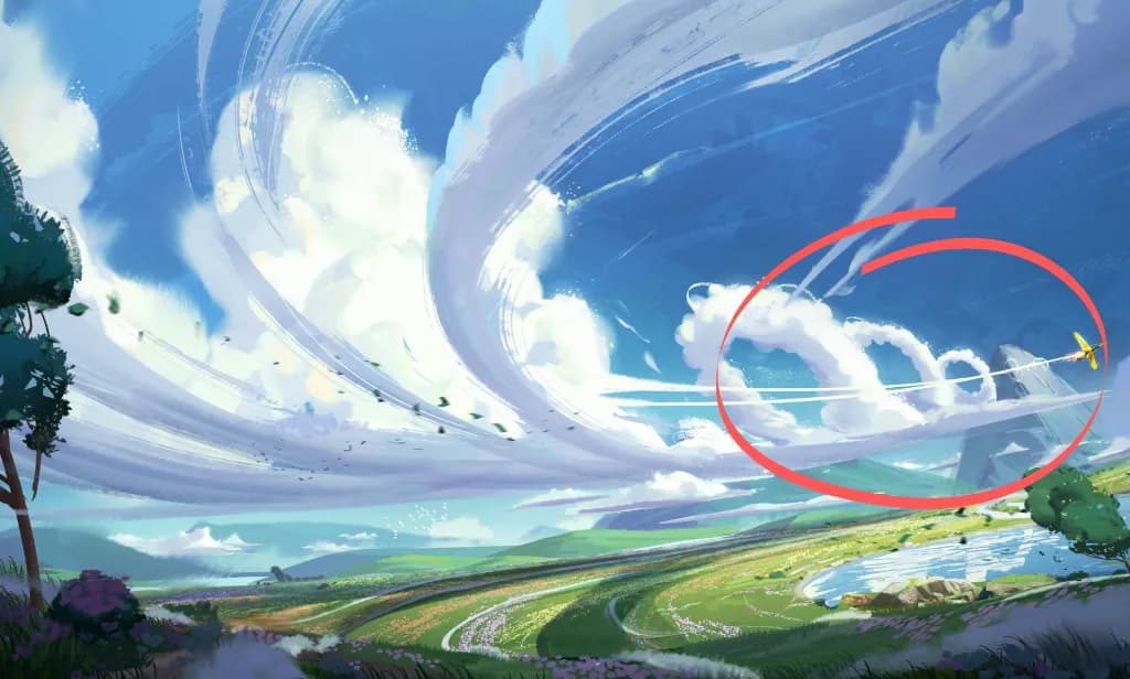 Dessin 2D de paysage, une vallée colorée avec ciel et nuages. Arrière-plan mis en évidence.