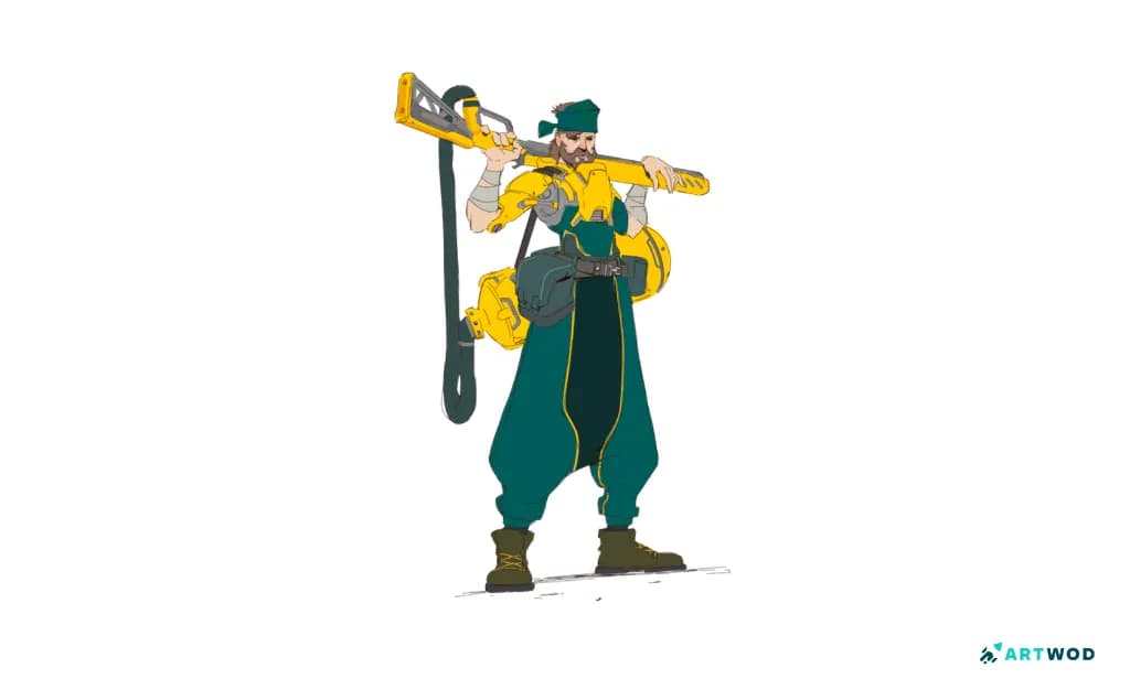 Flache Farben Skizze von Antonio Stappaerts, ein Mann mit einer großen Waffe, Cyberpunk. Digitale 2D-Kunst.