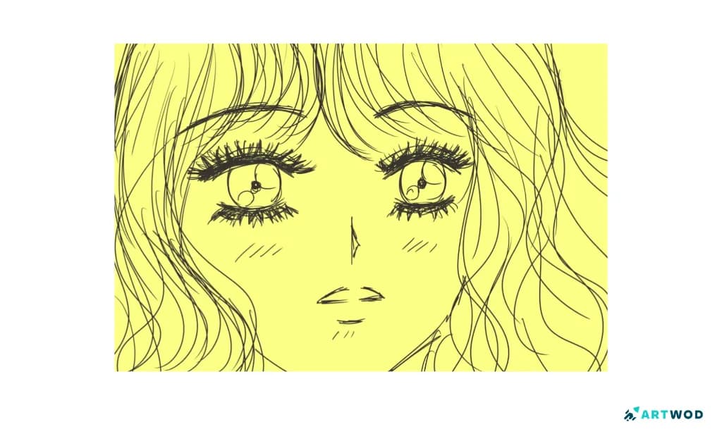 Anime-Gesichtszeichnung mit großen Augen, langen, schweren Wimpern und lockeren Haar-Skizzenlinien
