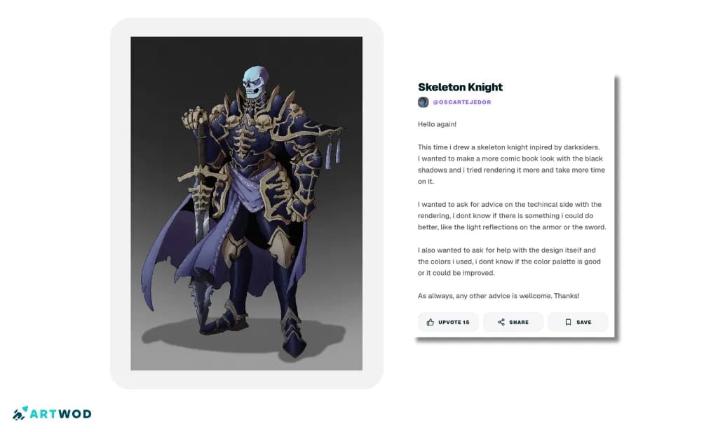 Chevalier squelette inspiré de Darksiders, avec des ombres noires, une armure rendue, une épée et une palette de couleurs sombres