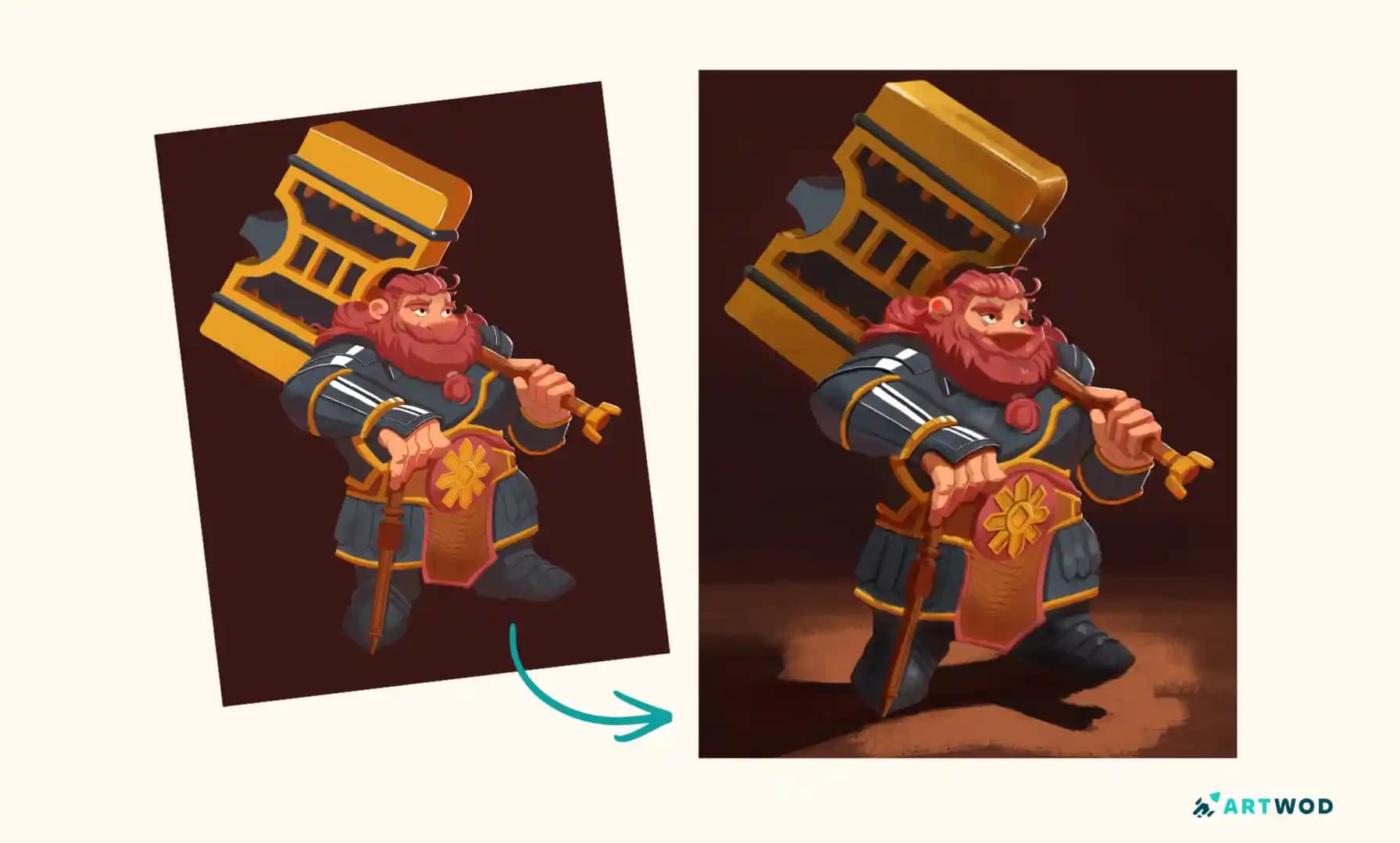 Images avant/après d'un envoi sur l'outil de retour d'Artwod. Image numérique 2D d'un Paladin stylisé.