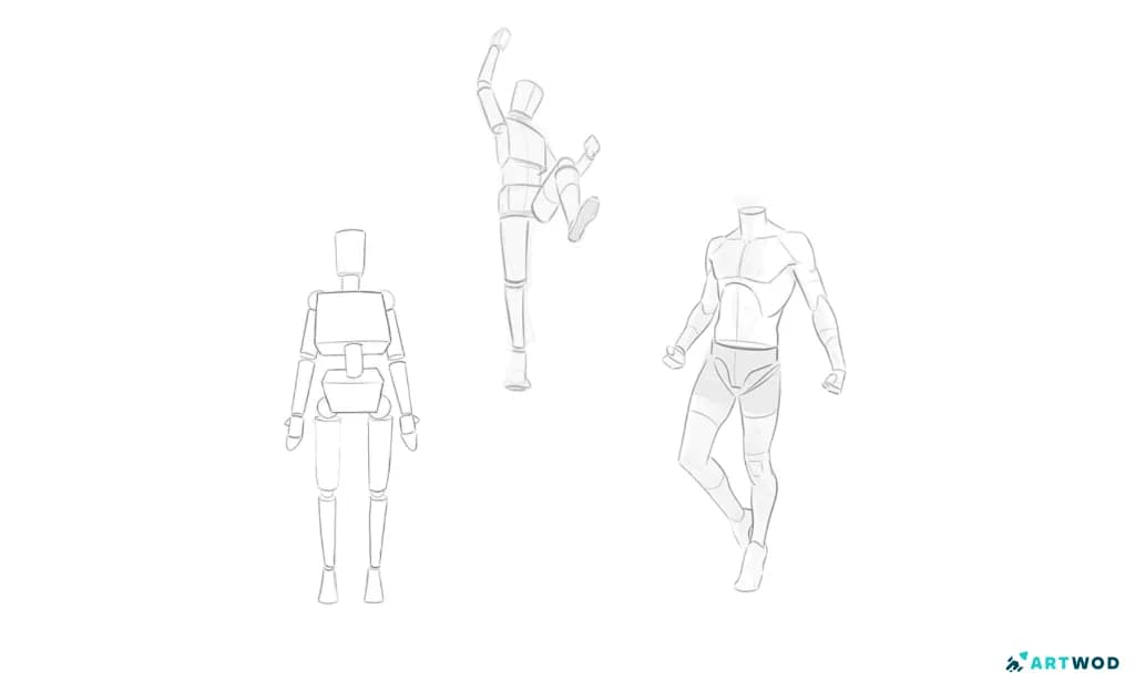 2 figure digital 2d figure sketches: simple mannequin, falling mannequin, walking man