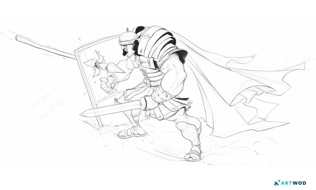2D-Zeichnung eines römischen Kriegers von Axel Van NederKkassel. Der Krieger hält ein Schwert und einen von einem Speer durchbohrten Schild. Digitale 2D-Zeichnung mit schwarzem Stift.
