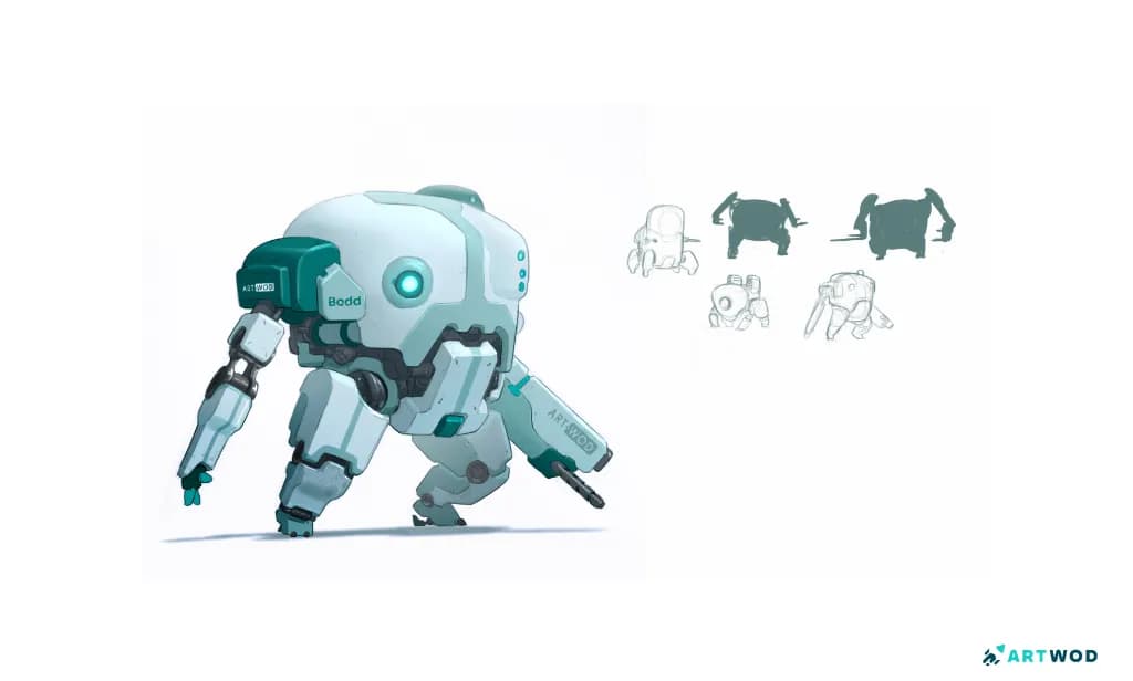 Design de mecha, arte digital 2D. À esquerda, um design de mecha finalizado. À direita, cinco esboços de silhuetas (duas com lineart e duas com valores de luz e sombra).