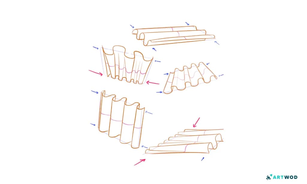 5 croquis de tissu compressé, 2d numérique