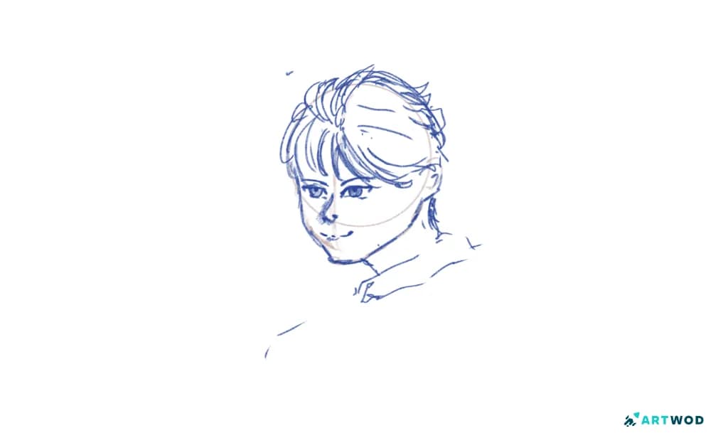 Ink sketch of an anime boy portrait with swept hair, large eyes, a defined nose, and a three-quarter head angle