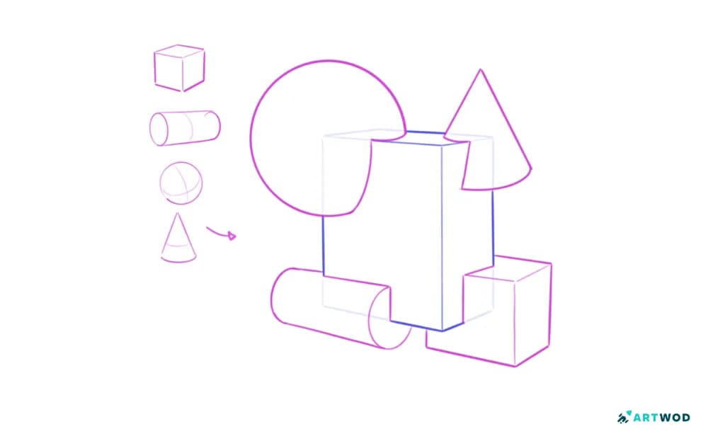 Simple forms arrangement in perspective, digital 2d.