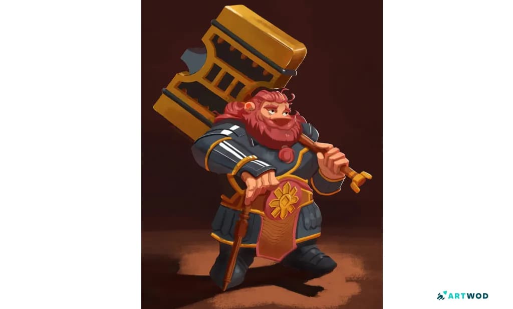 Repeint du relecteur sur Night Paladin, avec des ombres plus profondes, de l'occlusion ambiante, de la lumière rebondie et un marteau au rendu plus métallique. Source : https://artwod.com/en/feedback-tool/c/perspective-and-form/6a21413492fe1008e44129aa/night-paladin / fichier du repeint du relecteur.