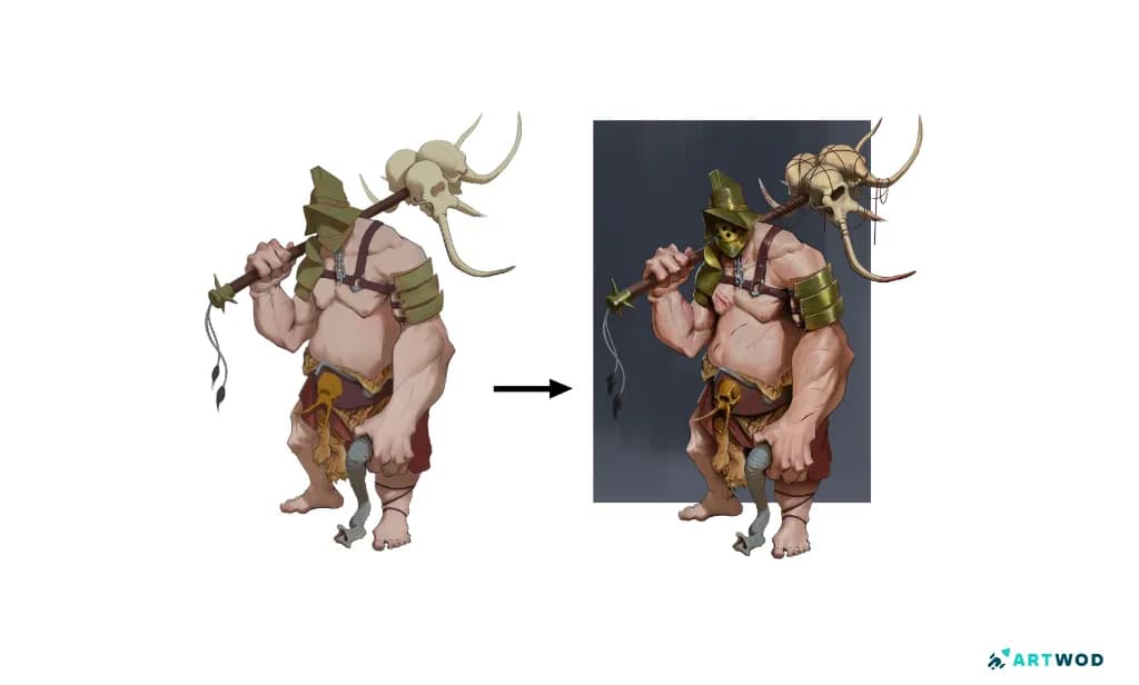 Design de Personagem por Axel Van Nederkassel: dois ogros lado a lado, com o mesmo design, mas com uma renderização melhor no da direita. Arte digital 2D. O da esquerda não possui brilhos nem oclusão, enquanto o da direita adiciona highlights, fundo e oclusão ambiente, criando mais volume e realismo.