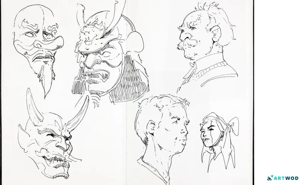 Porträt- und Maskenskizzen von Antonio Stapparts. Traditionelles Kunstwerk mit schwarzem Stift.
