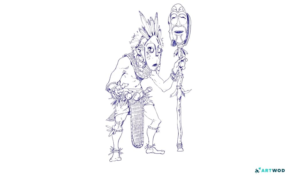 Travail traditionnel par Antonio Stappaerts, un homme d'une tribu avec un masque et un bâton décoré de masques. Dessin traditionnel au stylo bille.