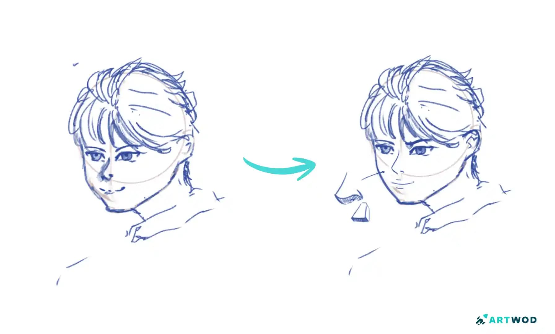 Anime boy portrait drawing focused on simplified nose structure and facial proportions