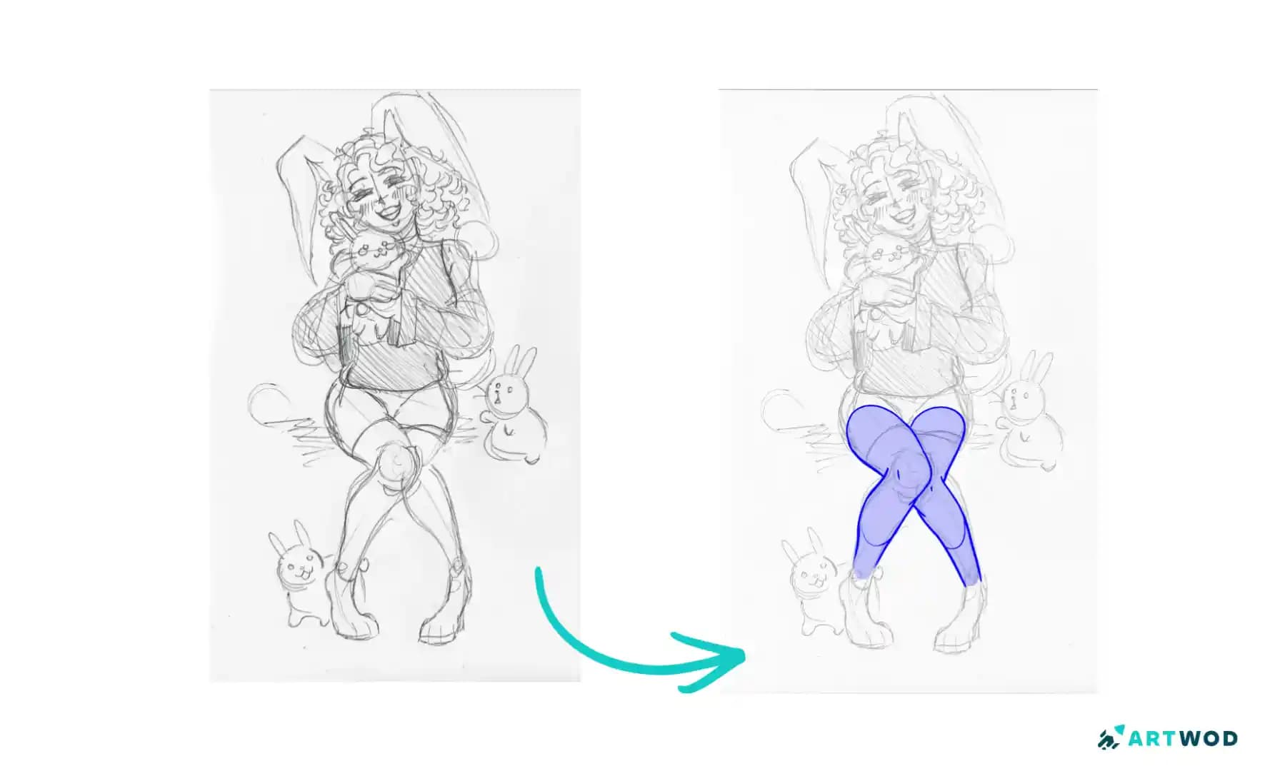 Anime figure drawing of a seated curly-haired character with crossed legs and visible knee construction