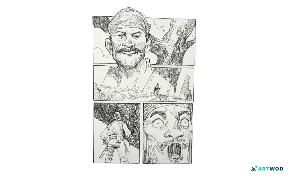 Look at the various hatching techniques Antonio Stappaerts is using in this Comic style ink drawing