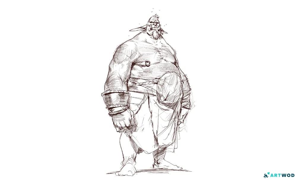 Digital 2d drawing by Antonio Stappaerts, fat goblin made with digital brown pen