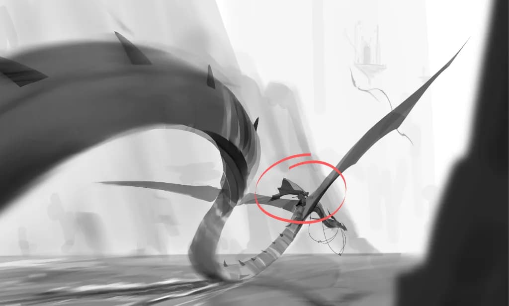 Dessin 2D en noir et blanc, un cavalier sur un dragon. Point focal mis en évidence.