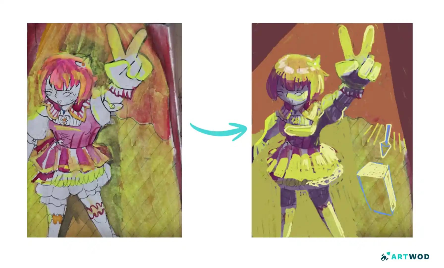 Anime watercolor spotlight lighting drawing of a character with bright yellow-green illumination