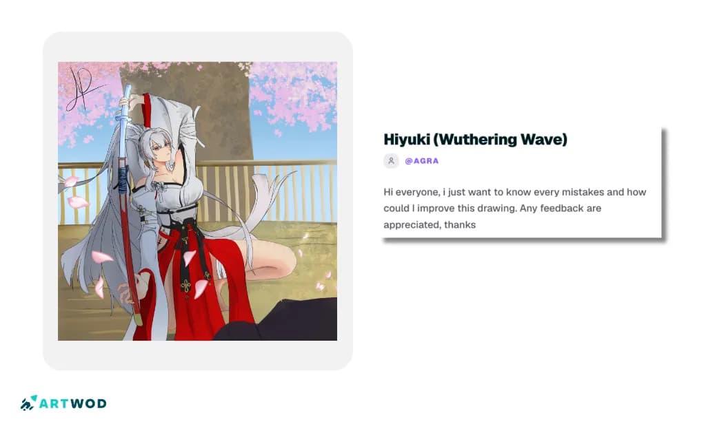 Dessin de figure de Hiyuki de Wuthering Wave envoyé par un artiste qui cherche un avis sur ses erreurs et comment s'améliorer