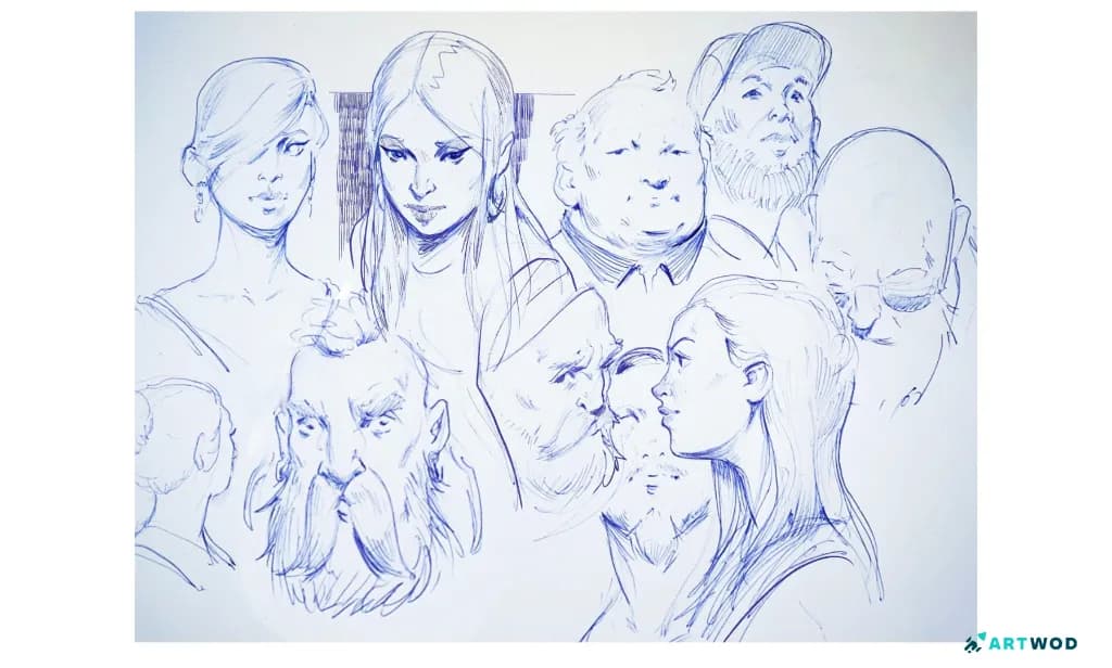 Page de carnet de croquis par Antonio Stappaerts, des portraits faits au stylo bille, page de carnet traditionnelle.