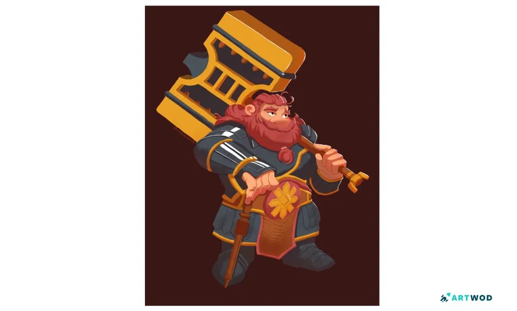 Œuvre numérique originale du personnage stylisé Night Paladin, avant le repeint sur la lumière et les matières. Source : https://artwod.com/en/feedback-tool/c/perspective-and-form/6a21413492fe1008e44129aa/night-paladin / fichier original.