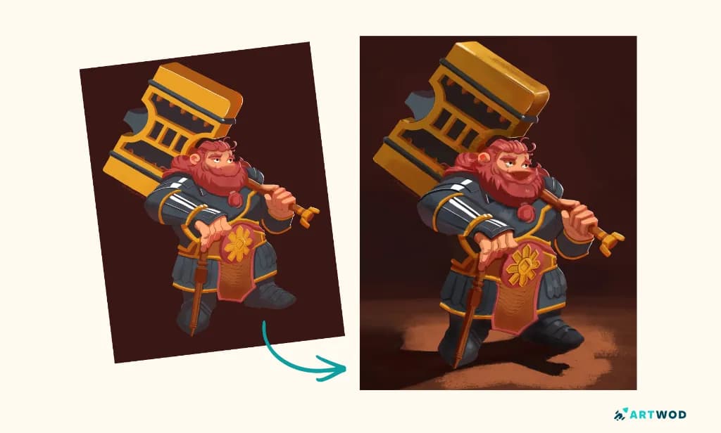 Comparaison côte à côte du dessin numérique Night Paladin, montrant l'original et un repeint du relecteur avec une lumière et des matières plus travaillées. Source : réalisée à partir des deux fichiers de l'outil de retour.