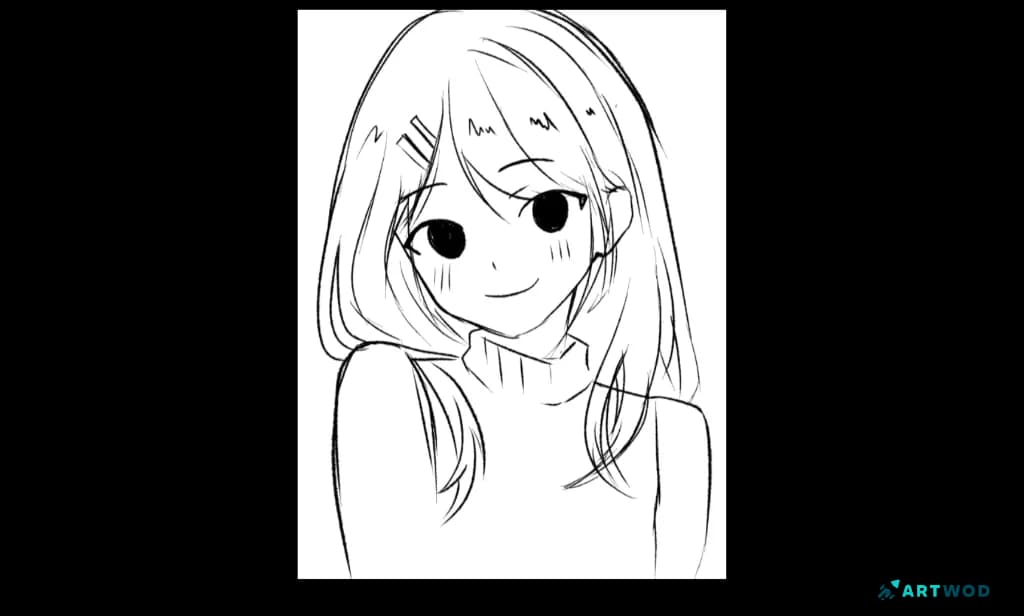 Anime character drawing with large dark eyes, a small smile, short bangs, and rounded hair shapes