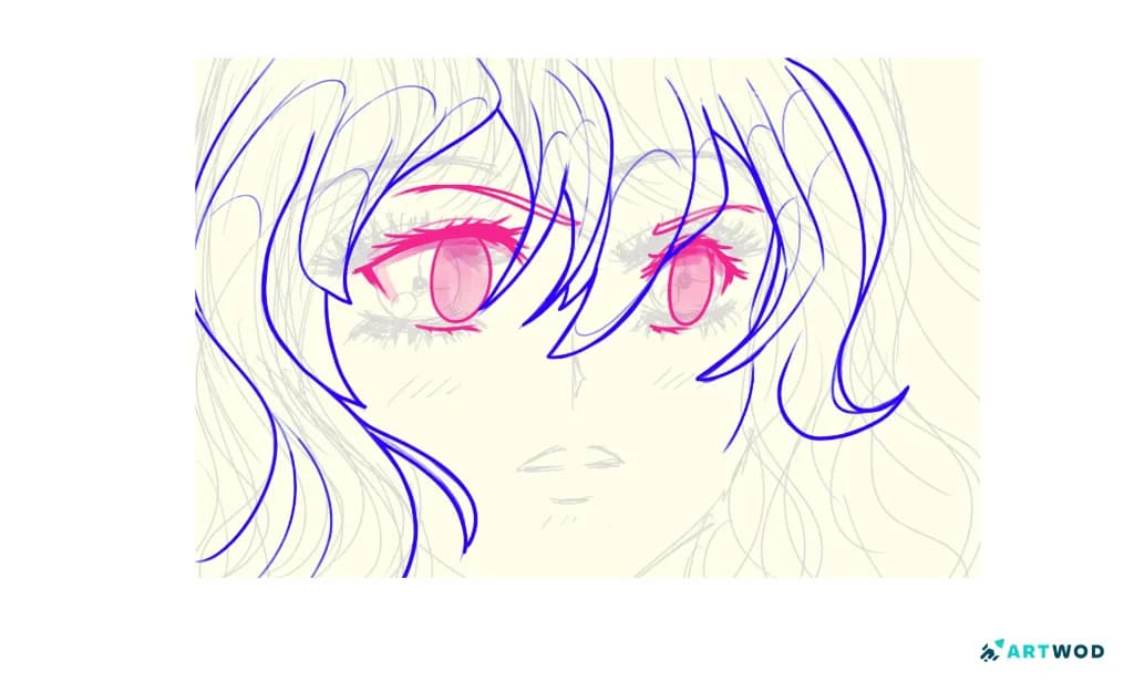 Anime-Augen Paintover mit vereinfachten Augenformen, klareren Wimpern und mehr kontrollierten Haarlinien