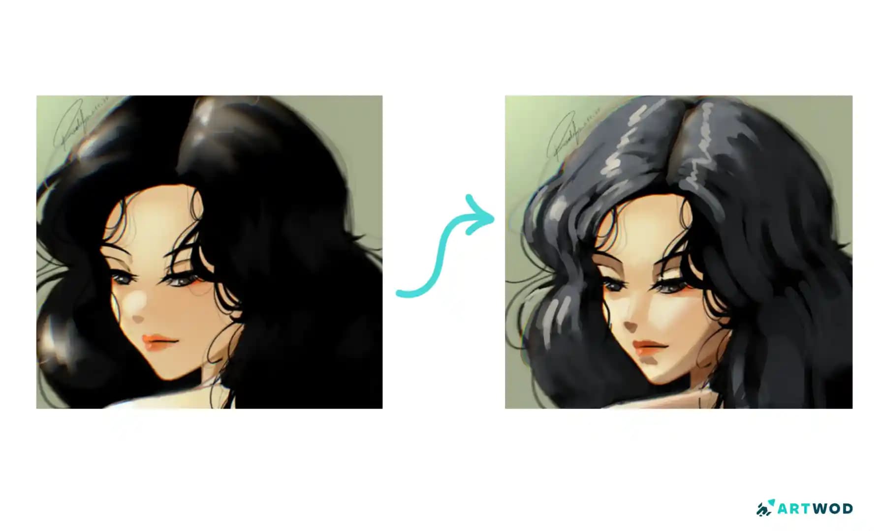 Anime character drawing with dark hair, dramatic highlights, facial shadows, and soft lighting