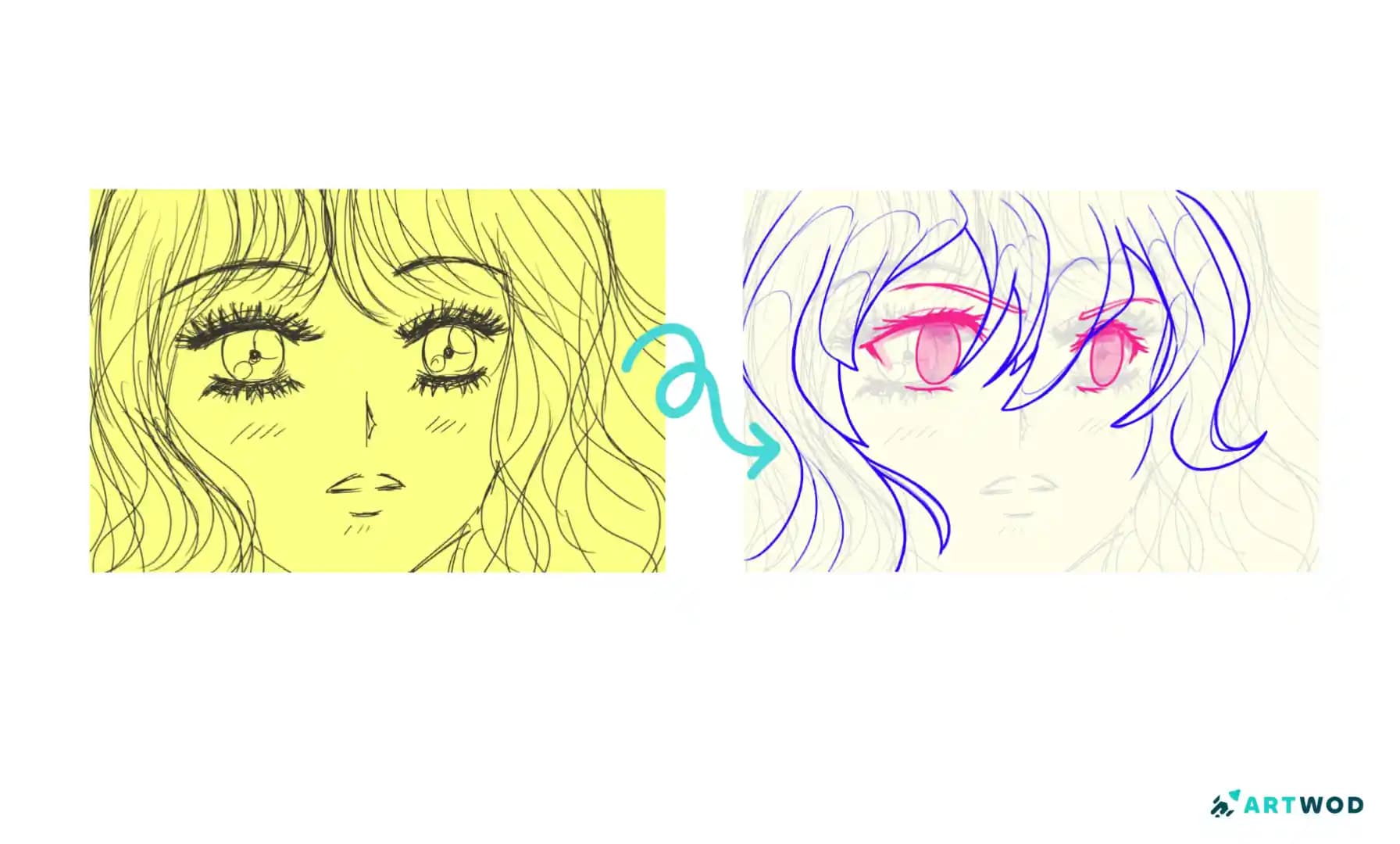 Zeichnung von Anime-Augen mit langen Wimpern und Skizze eines verträumten Gesichts