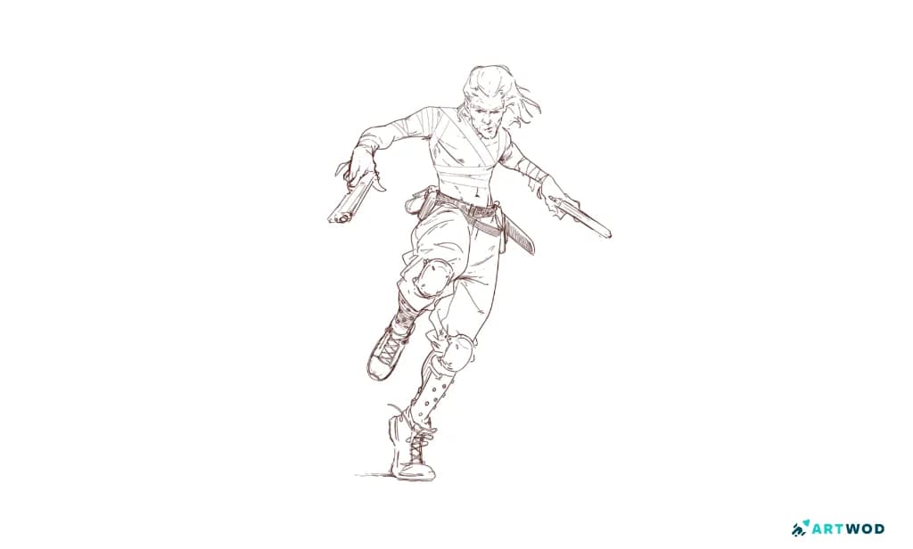 Lineart Skizze von Antonio Stapparts, ein Mann mit 2 Waffen, dynamische Pose. Digitale 2D-Kunst