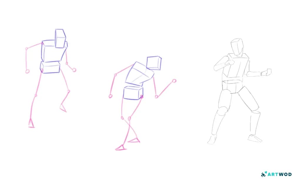 Dessin numérique en 2d d'un mannequin humain, 3 mannequins, 2 avec des membres en bâtons, 1 avec des membres en cylindres.