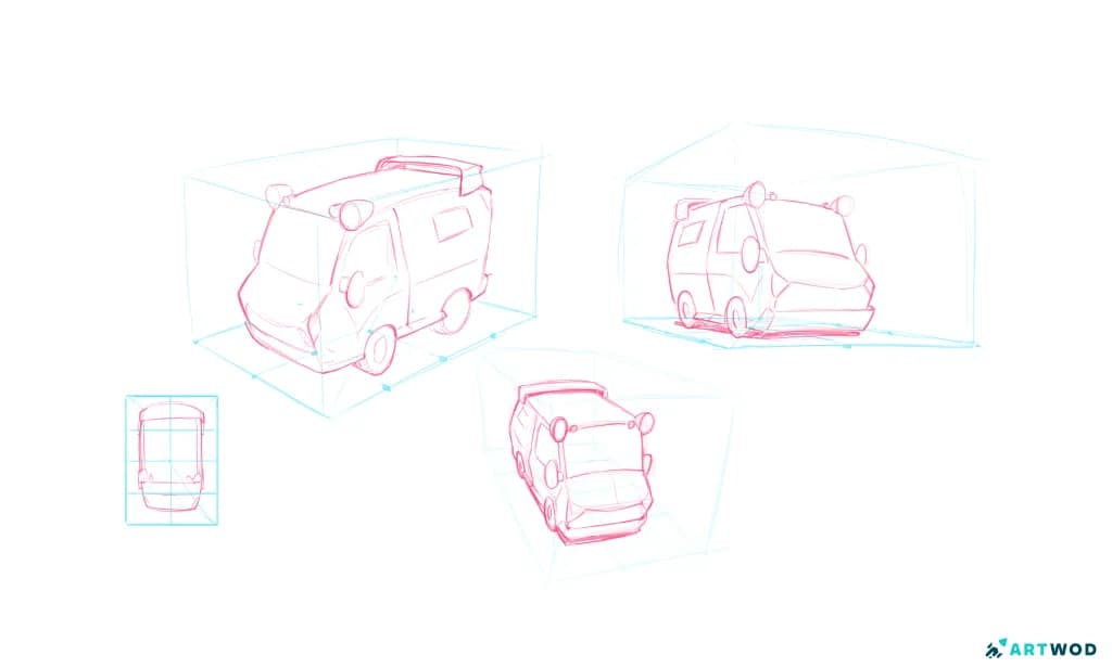 4 dessins de voitures dans différentes perspectives, placées dans des boîtes. dessins numériques en 2D aux crayons rose et bleu