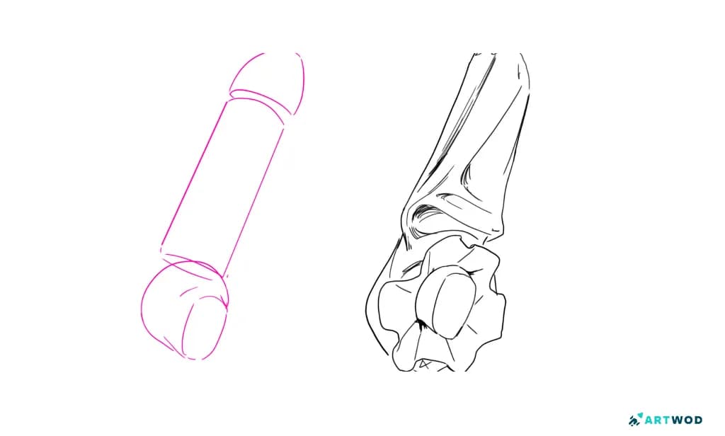 à droite : croquis 2d numérique d'une manche ; à gauche : bras plié en perspective
