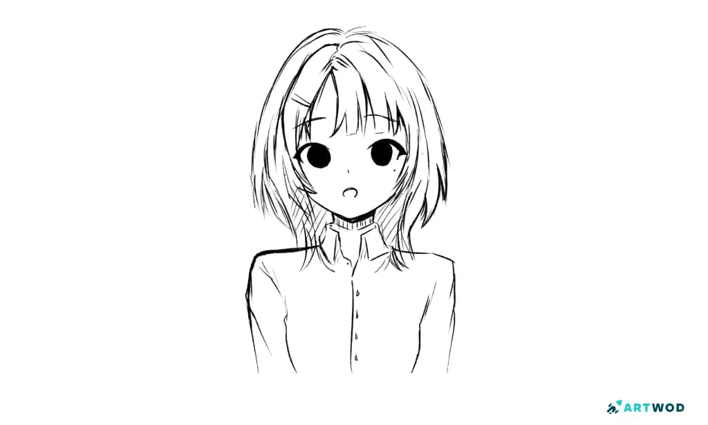 Anime character drawing with large round eyes, short hair, a small surprised mouth, and a collared shirt