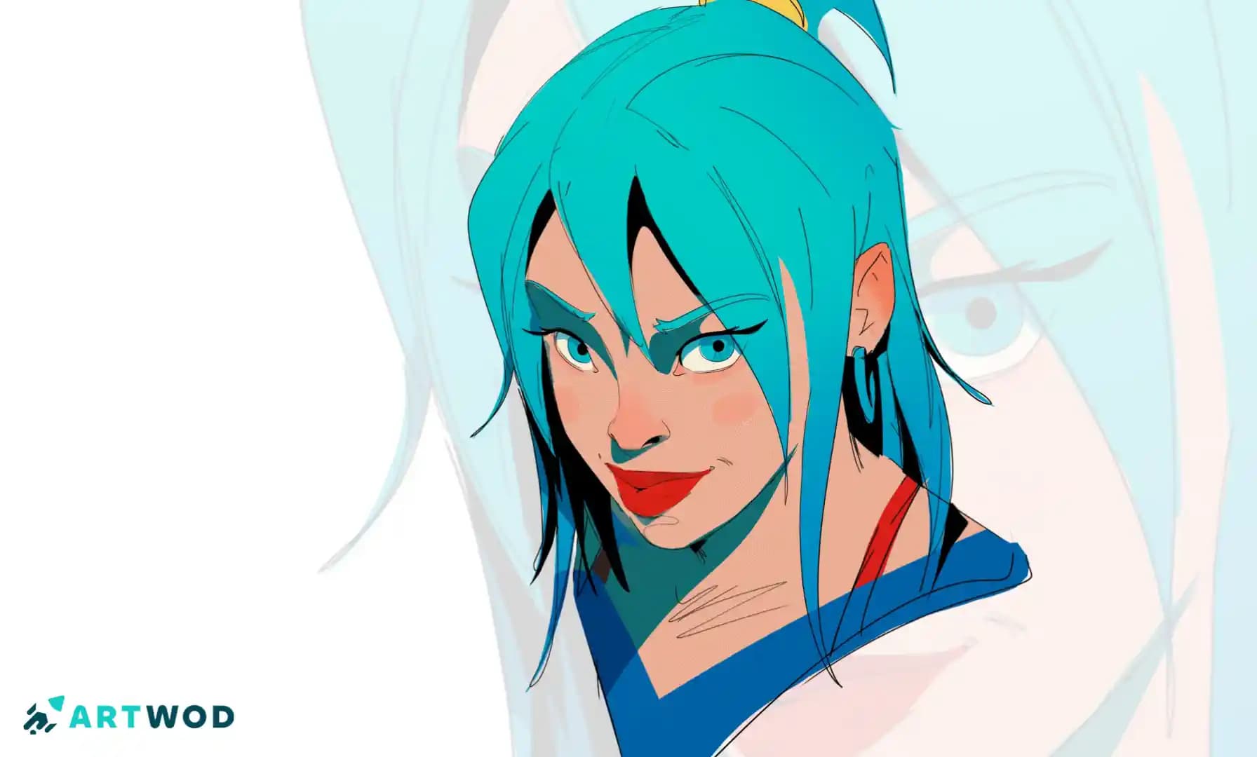 Porträt einer Frau mit blauen Haaren und blauen Augen 