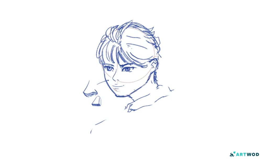Anime boy nose paintover showing simplified nose lines, facial structure, and directional feedback for a cleaner anime style
