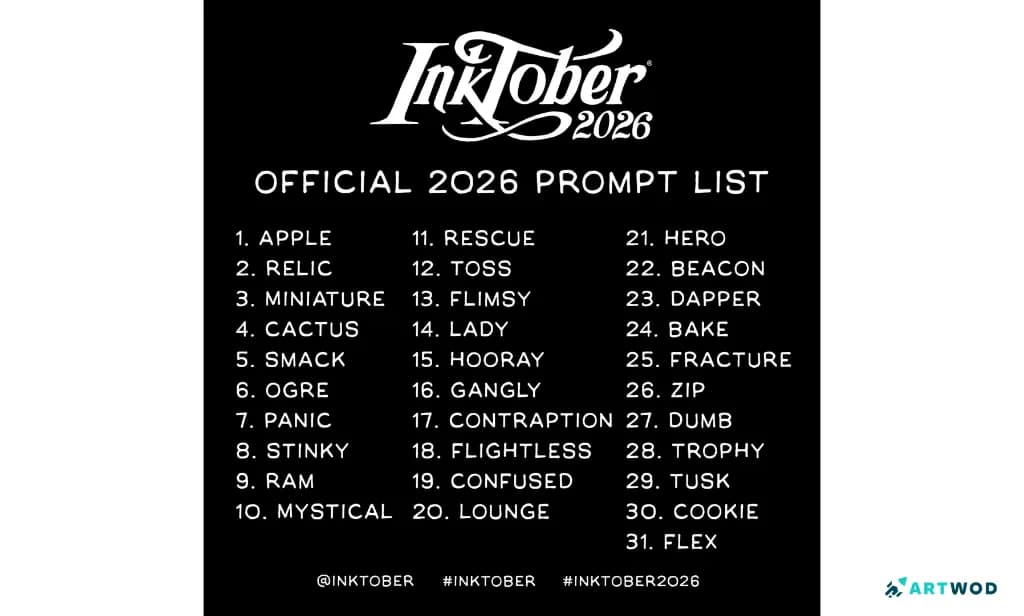 Offizielle Inktober-Liste von @Inktober auf Instagram

Apfel, Relikt, Miniatur, Kaktus, Oger, Panik, stinkend, Ram, Mystisch, Rettung, Wurf, Frau, Hurra, schlampig, Gerät, flugunfähig, verwirrt, Lounge, Held, Leuchtturm, Dapper, Bruch, Reißverschluss, Dumm, Trophäe, Stoßzahn, Keks, Flex
