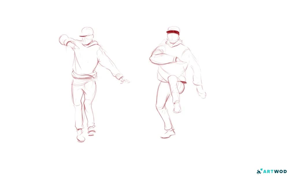 Dois desenhos de três minutos de um homem dançando, um homem está usando um moletom com capuz, um boné e jeans justos.