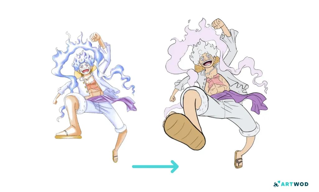 One piece fan art, Monkey D Luffy Gear 5 paintover with improved foreshortening and lineart. Digital 2d art.