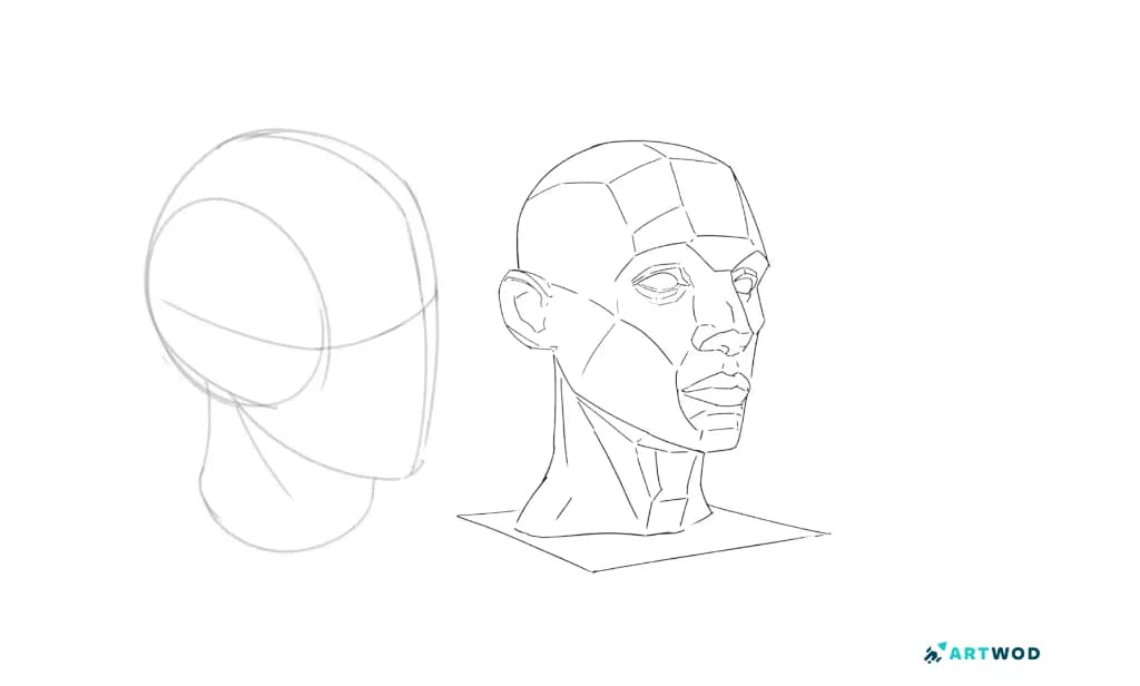 Étape 2, Comment dessiner des visages : tête Loomis pour les proportions et les traits, et tête Asaro pour les ombres