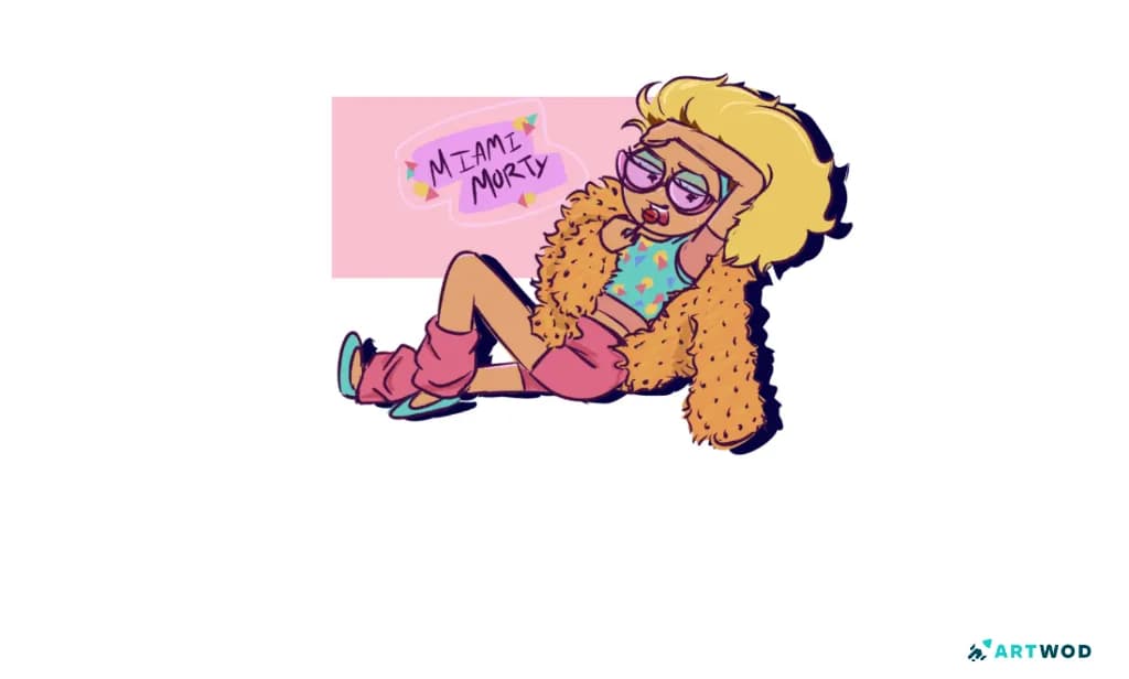 Stylized Rick and Morty character reclining with bent legs, one arm raised near the head, colorful clothing, sunglasses, and a large yellow coat