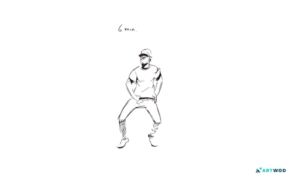 Um desenho de seis minutos de um homem dançando, um homem está usando um moletom com capuz, um boné e jeans justos.